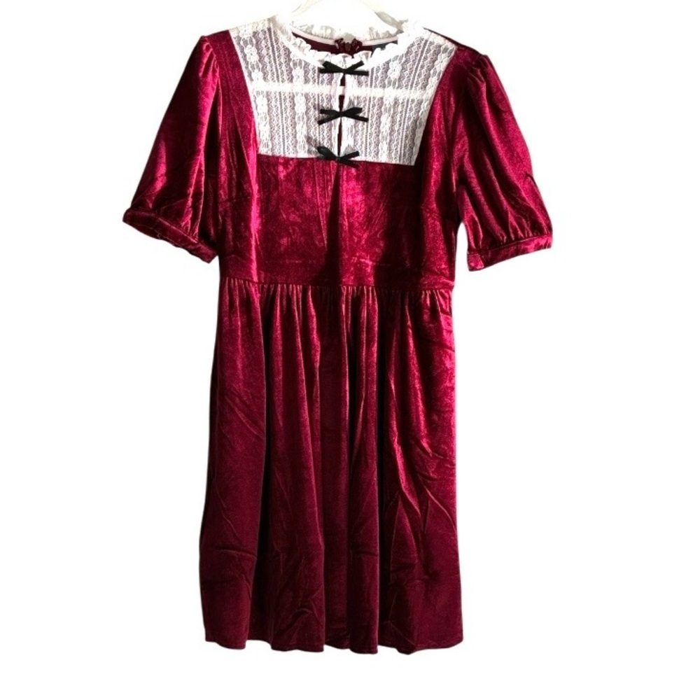 ModCloth Maroon Velvet Dress Lace Yolk Size M Cottagecore‎ Prairie Festival NWT